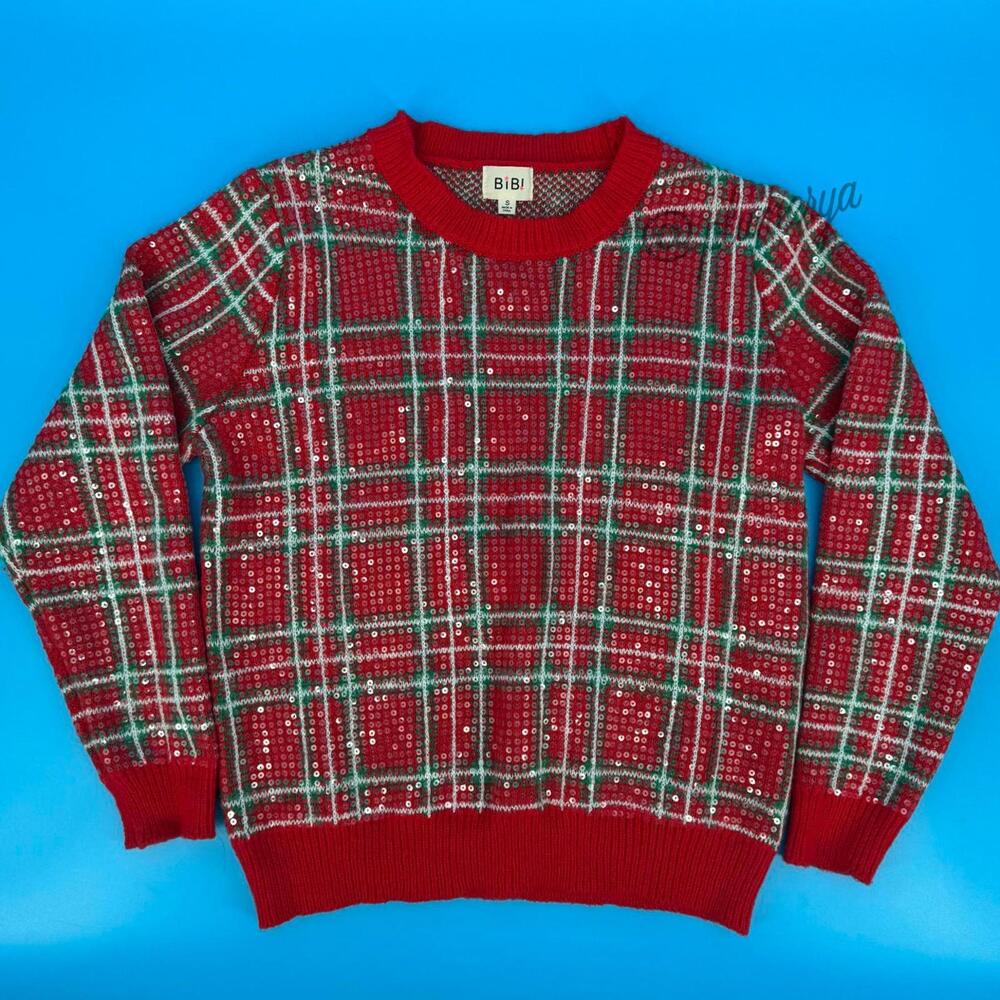 Bibi Christmas Sequin Sparkle Plaid Sweater Women's Size S